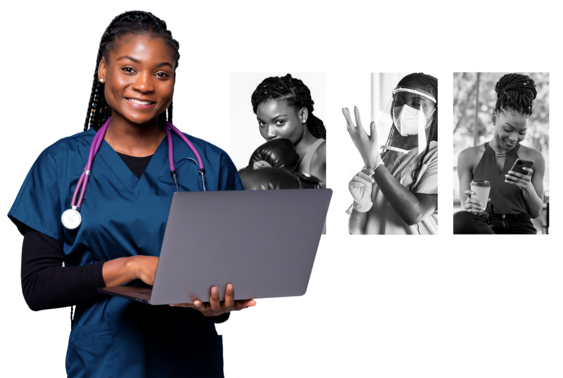 A physician wearing medical scrubs, holding a laptop while smiling.