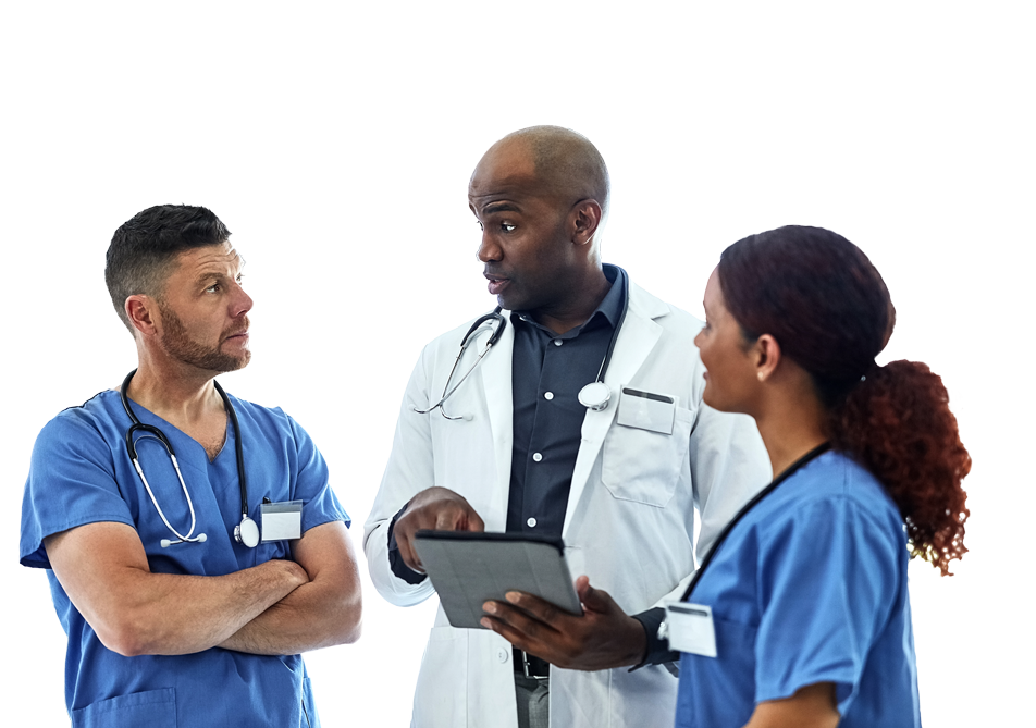 Male physician speaking with male and female nurses Male physician speaking with male and female nurses