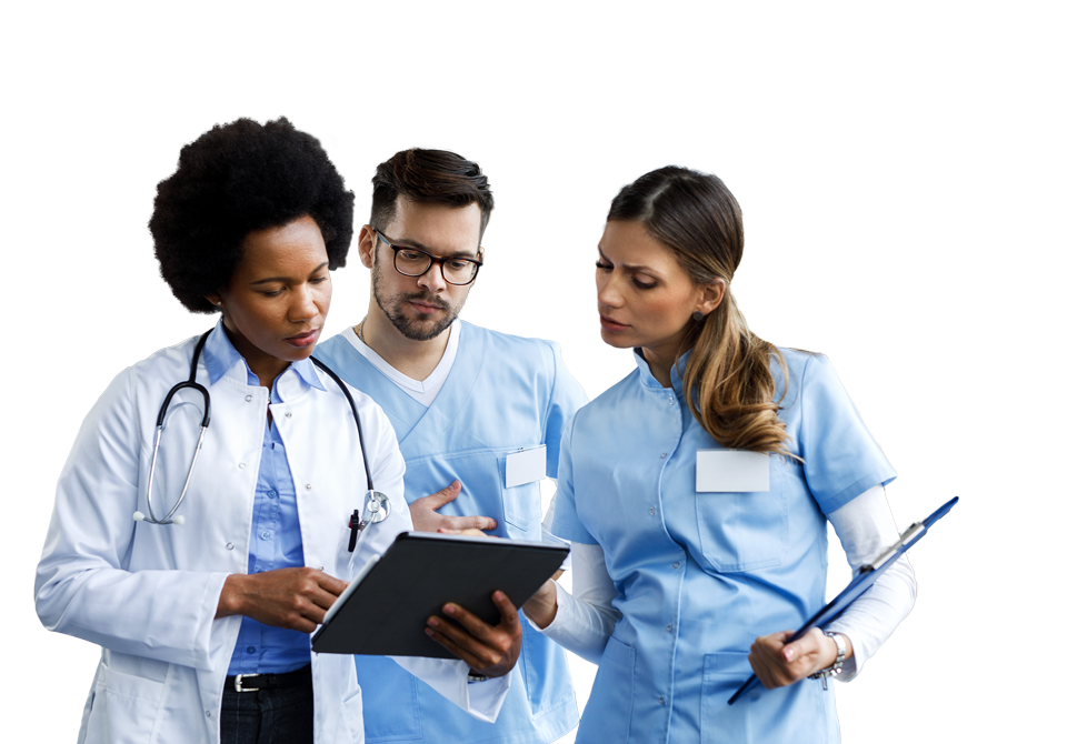 Physician and nurses looking at analytics on tablet computer Physician and nurses looking at analytics on tablet computer